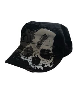 Vintage Black and White Skull Print Distressed Military Cadet Cap Men’s Fitted